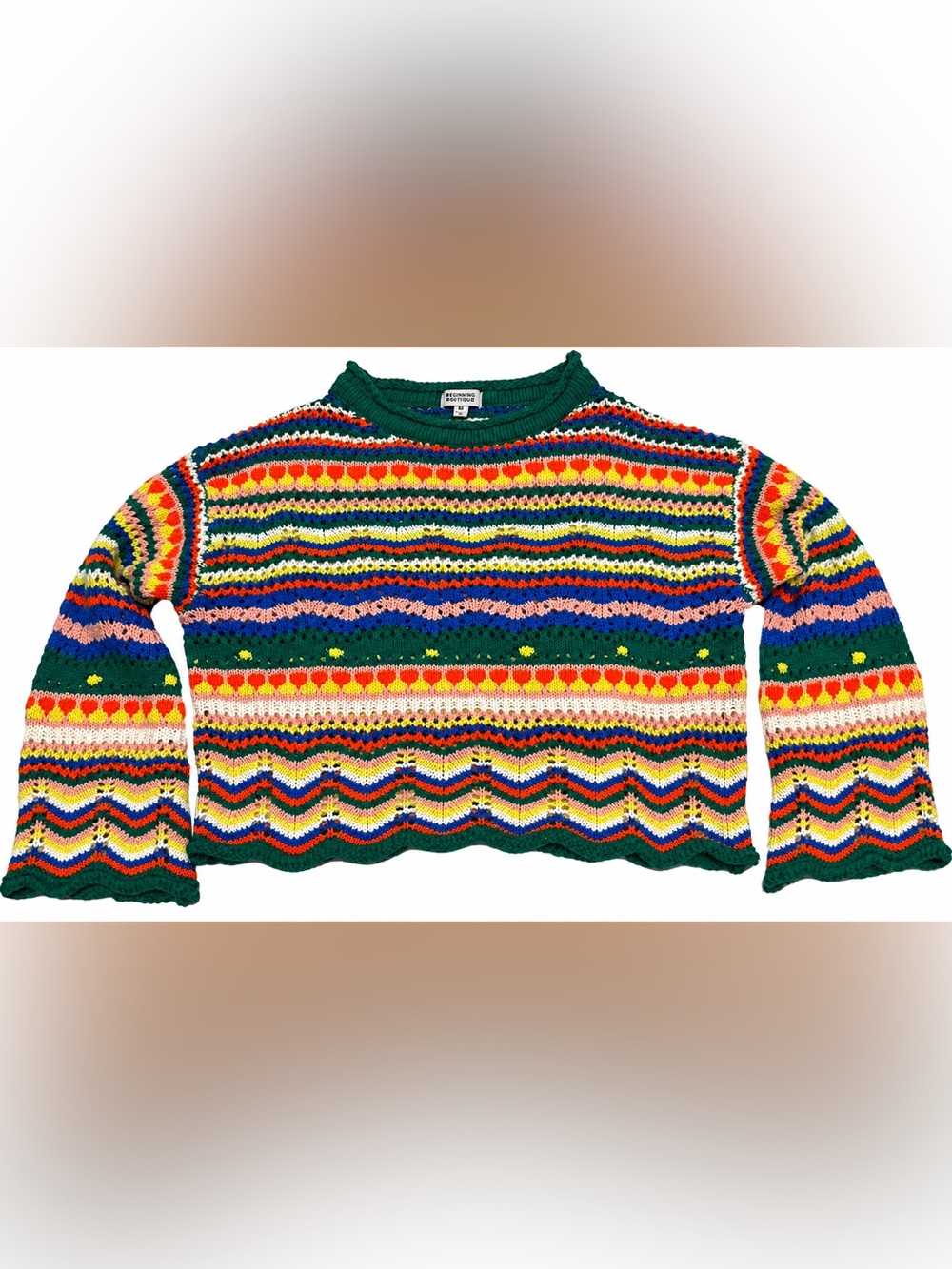 Beginning Boutique Long Weekend Sweater M/L Multicolor Crochet Knit Cropped